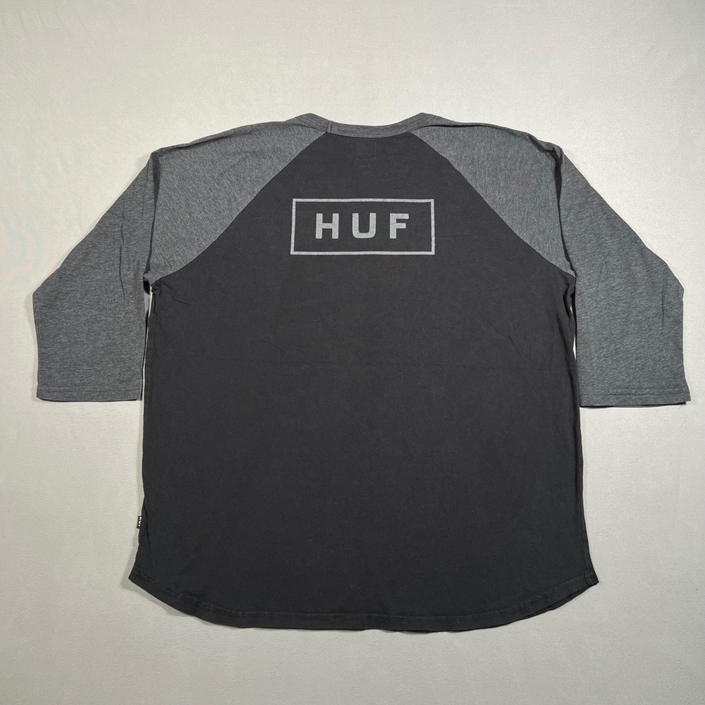 HUF Mens XL Baseball Raglan Tee Black Gray 3/4 Sleeve Box Logo Curved Hem Shirt